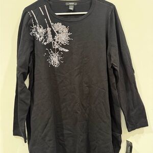 Alfani Black Long Sleeve Sweater Top with Silver Floral Design